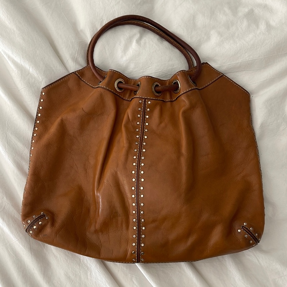 Michael Kors Cognac Brown Leather Studded Hobo Bag Y2K Slouchy Purse